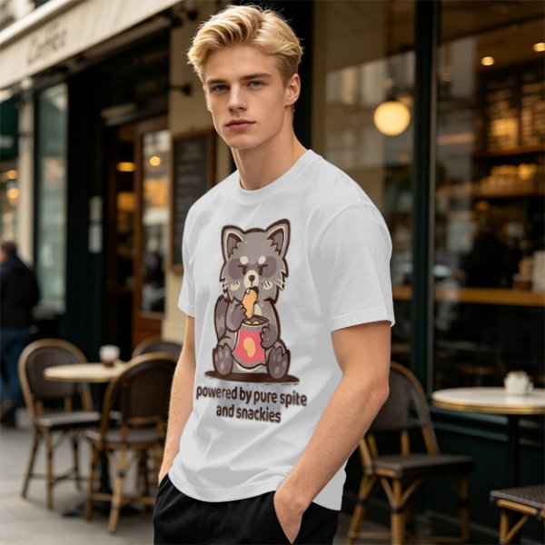Olive t-shirt with a raccoon eating snacks and 'powered by pure spite and snackies' text