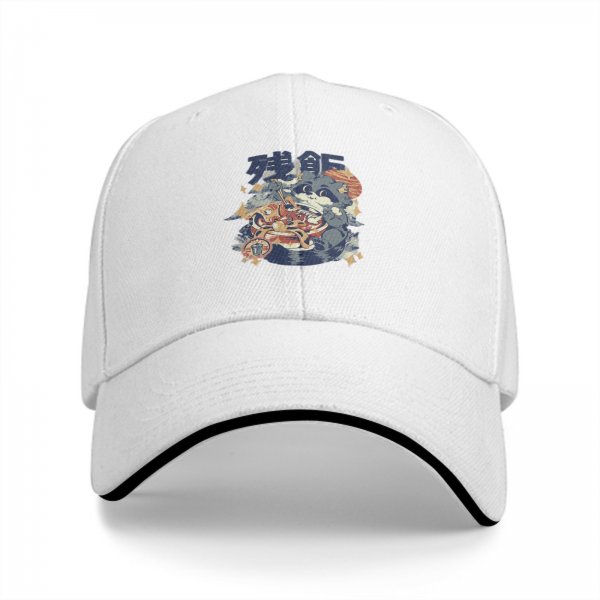 Black Baseball Cap With Ramen Raccoon Graphic Print