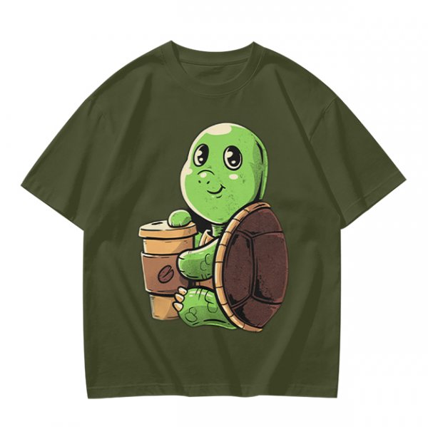 Olive Green T-Shirt With Cute Turtle Holding Coffee Cup Print