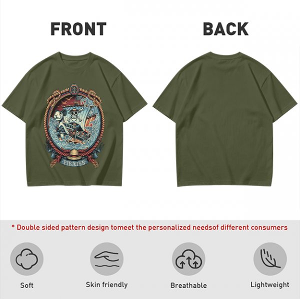 Olive Green Pirate Themed T-Shirt with Ship and Skull Graphic