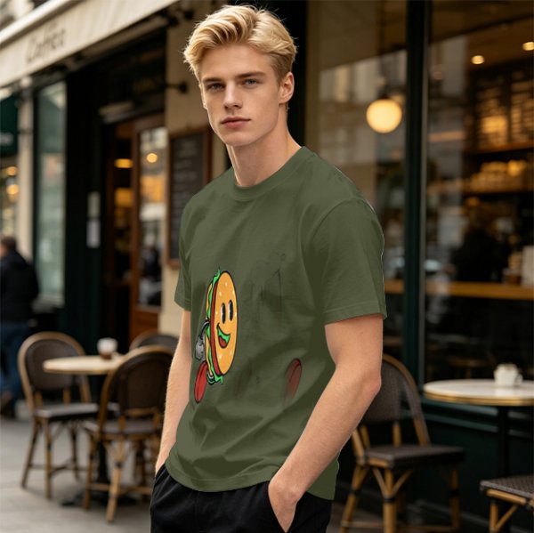 Olive T-Shirt With Cartoon Running Hamburger Character Print
