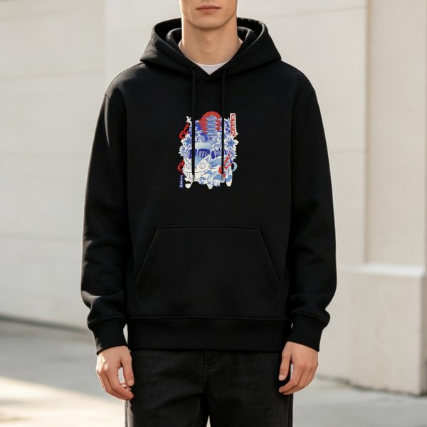 Black hoodie with Japanese style cat and pagoda graphic print