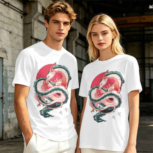 Olive T-shirt with stylized white dragon and red circular graphic print
