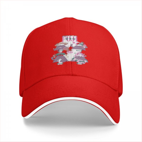 Black baseball cap with cute Mount Fuji character graphic design