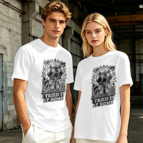 Olive Graphic Tee With Shocked Raccoon Scientist I Tried It At Home Print