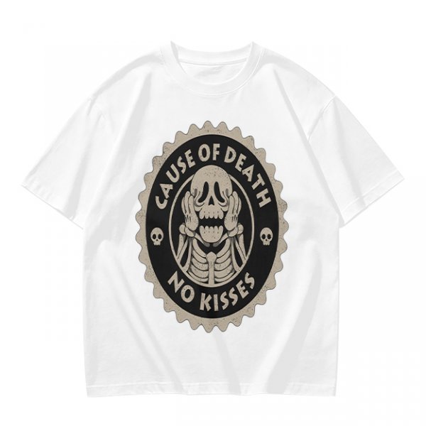Olive T-shirt with 'Cause of Death No Kisses' Skeleton Graphic