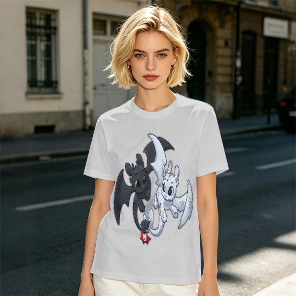 Olive T-Shirt Featuring Toothless and Light Fury Dragons