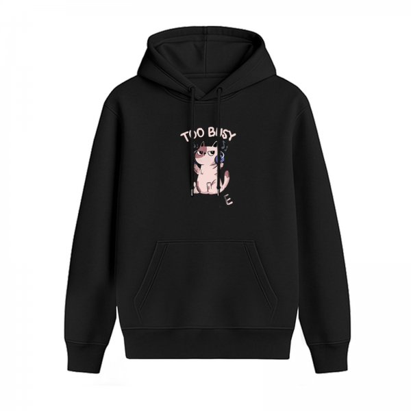 Black hoodie with 'TOO BUSY' grumpy cat listening to headphones graphic