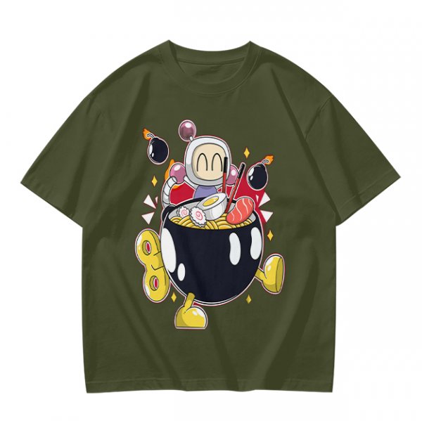 Olive T-shirt with Bomberman Character Eating Ramen Print