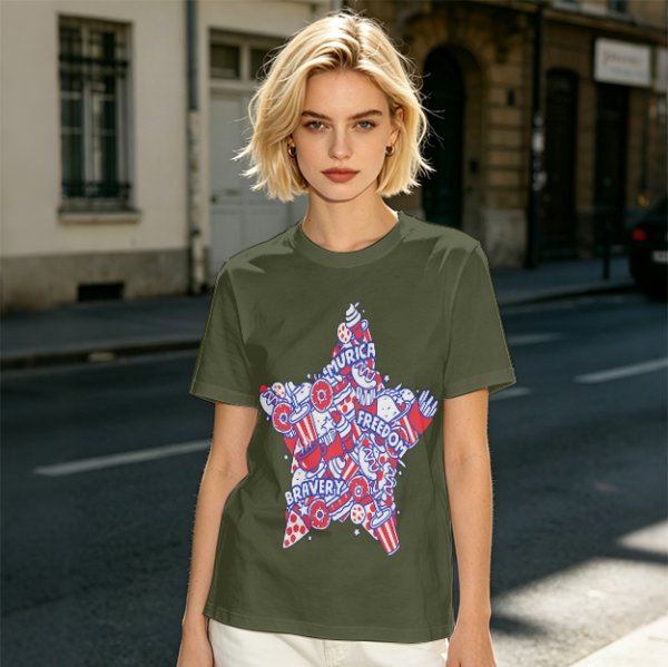 Olive T-Shirt With Patriotic Star Fast Food Print
