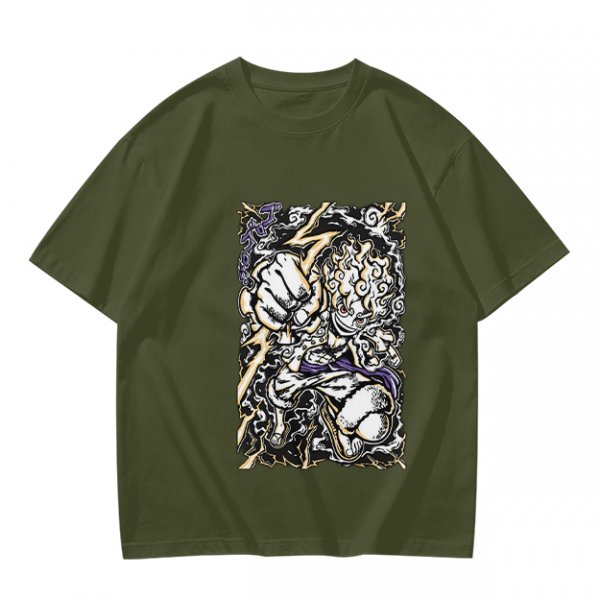 Olive Anime Graphic T-Shirt With Fist And Lightning Artwork