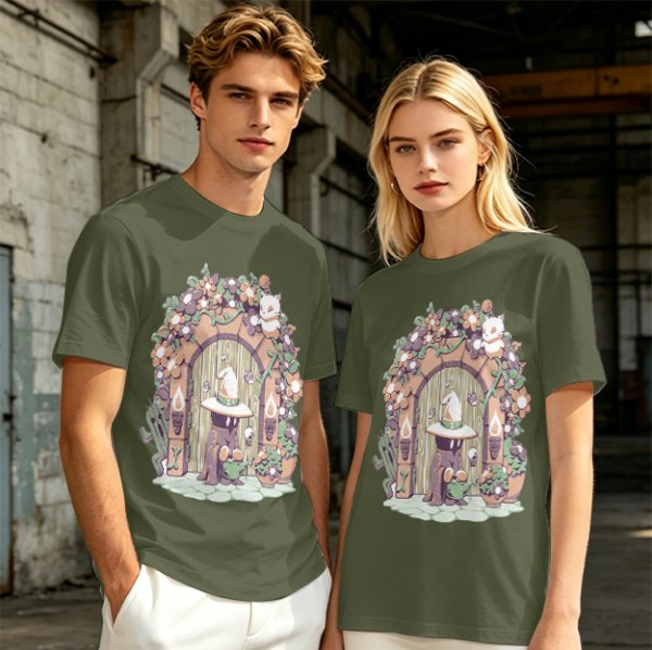 Olive T-Shirt With Whimsical Wizard Cat Garden Door Art