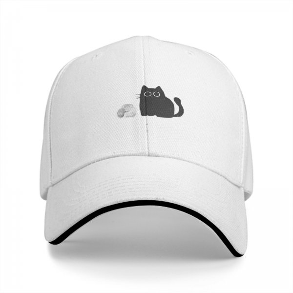 Black Baseball Cap With Minimalist Grey Cat Graphic Design