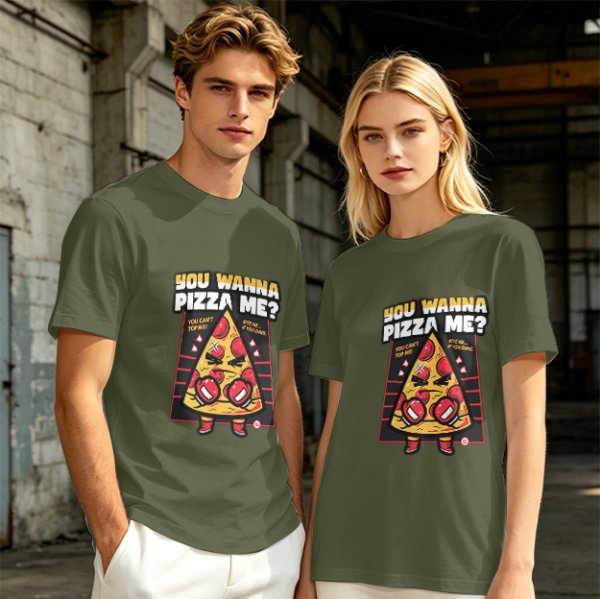 Olive t-shirt with angry boxing pizza slice graphic and 'You Wanna Pizza Me?' text