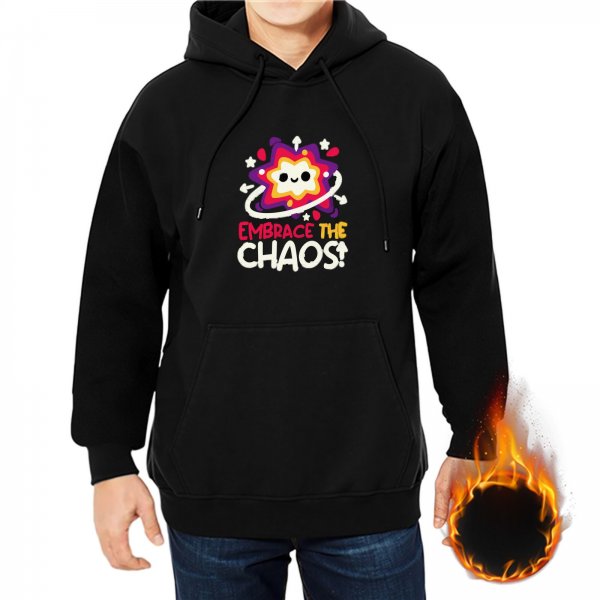 Black hoodie with 'Embrace the Chaos' and cute star graphic