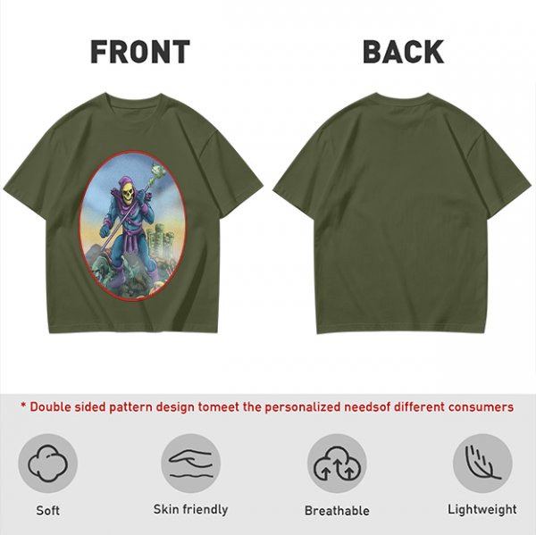 Olive T-Shirt Featuring Skeletor Holding His Havoc Staff