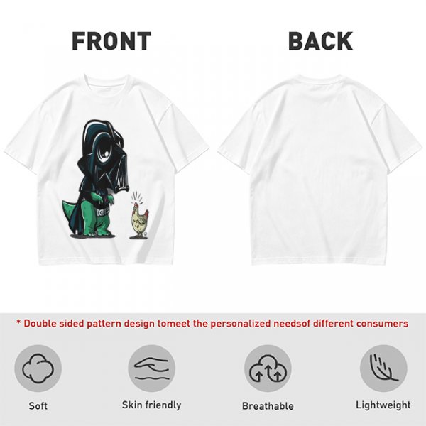 Olive T-shirt with cartoon dinosaur in Darth Vader helmet and chicken print