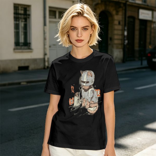 Olive Green T-Shirt With Cat In Robot Helmet Graphic Print
