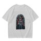 Olive green t-shirt with retro robot monster city attack graphic