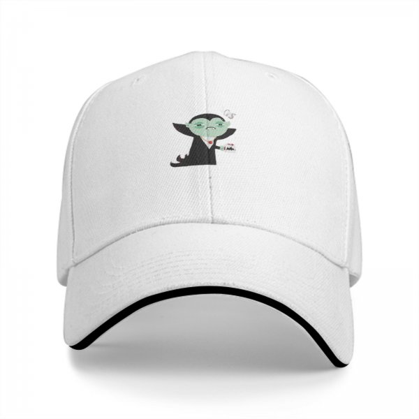 Black baseball cap with sad cartoon vampire holding blood bag print
