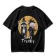 Olive graphic tee with punk raccoon and opossum 'Stay Trashy' print