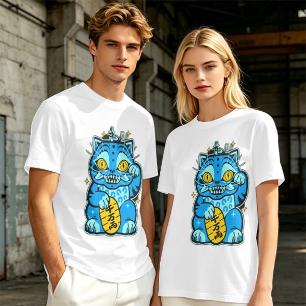 Olive T-Shirt With Blue Maneki-Neko Monster Graphic Print