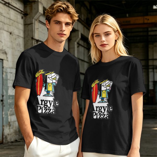 Olive T-Shirt with Surfer Pizza Character and Argyle Pizza Print