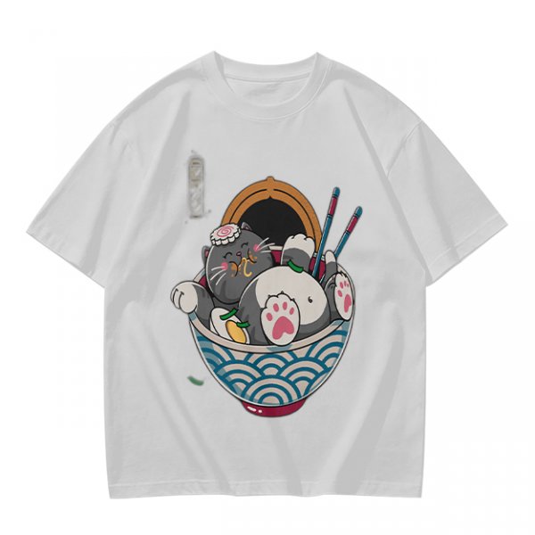 Oversized T-Shirt With Chubby Cat In Ramen Bowl Print