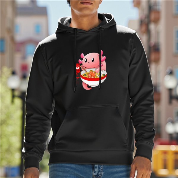 Black hoodie featuring a cute axolotl eating ramen bowl design
