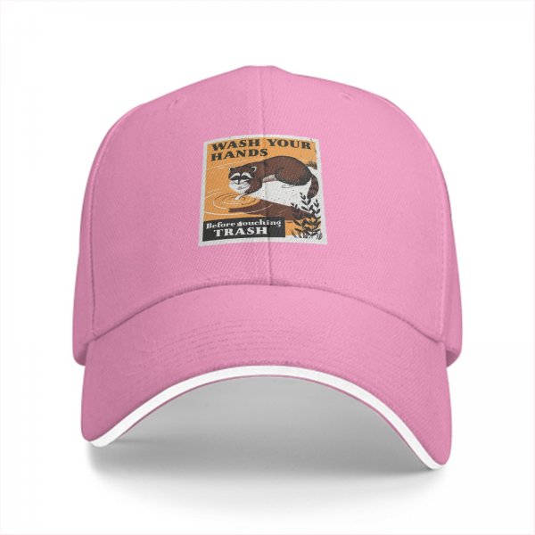 Black baseball cap with raccoon 'Wash Your Hands Before Touching Trash' print