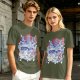 Olive green t-shirt with cat bus and Japanese traditional art print