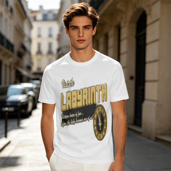 Visit the Labyrinth Themed Graphic Tee with Clock Design