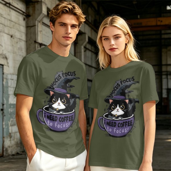 Olive t-shirt with witch cat in coffee cup 'Hocus Pocus I Need Coffee'