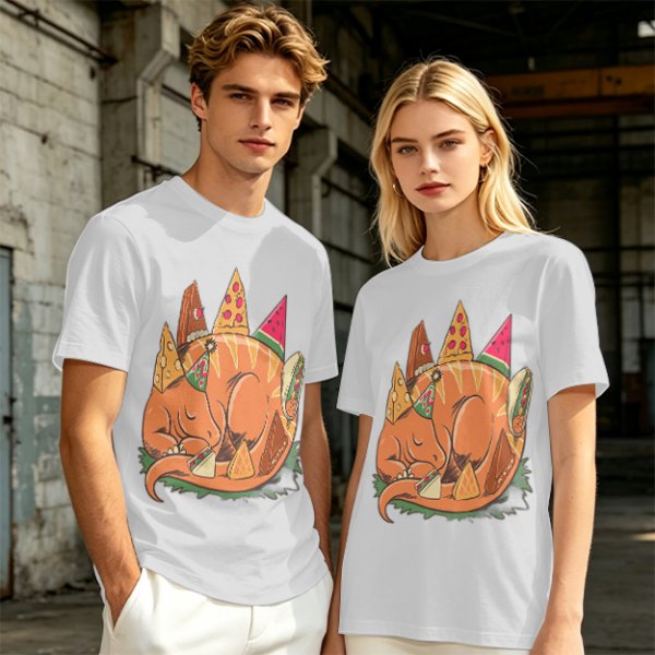 Sleeping Dinosaur Surrounded by Food Slices Graphic T-Shirt