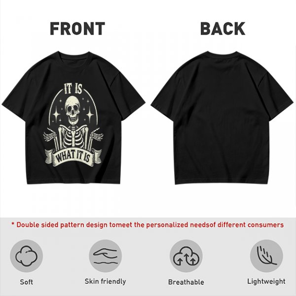 Olive t-shirt with skeleton graphic and 'It Is What It Is' text