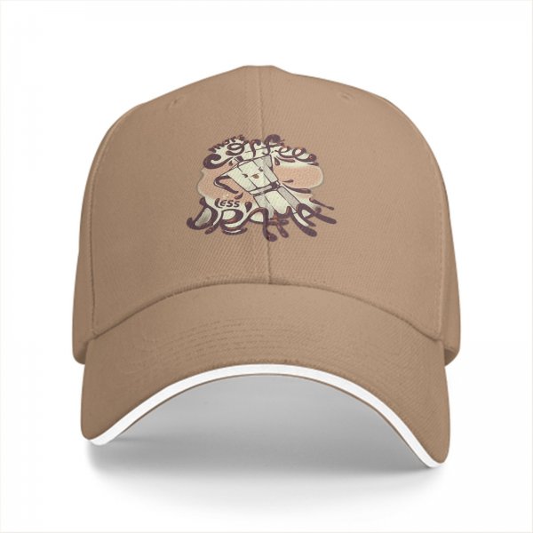 Black Baseball Cap With Coffee Themed Less Drama Print