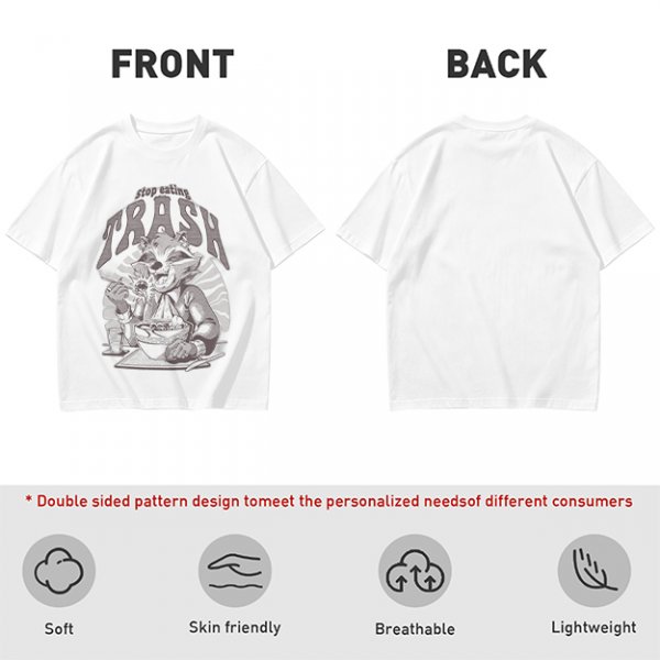 Olive graphic t-shirt with raccoon eating and 'Stop eating TRASH' print