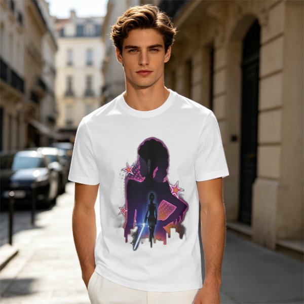 Olive t-shirt with neon star wars style female silhouette print