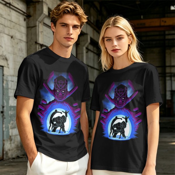 Olive T-Shirt Featuring Galactus Holding Silhouetted Superheroes