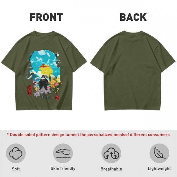 Olive T-shirt with anime pig pilot and seaplane graphic