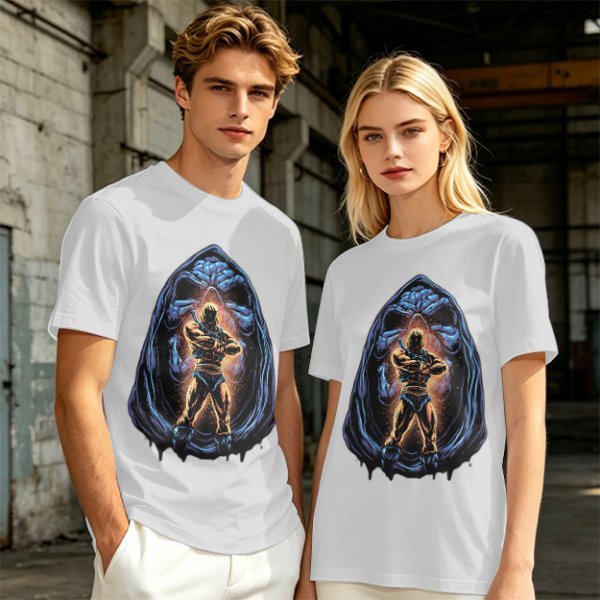 Olive T-Shirt with Muscular Hero Emerging from Hooded Figure Art