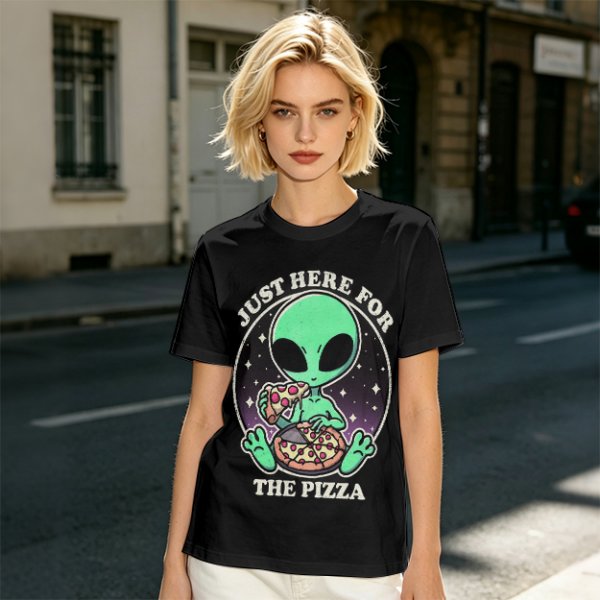 Olive green t-shirt with alien eating pizza text Just Here For The Pizza