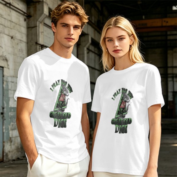 Olive t-shirt with 'Pray for the Great Old Dice' cosmic horror print
