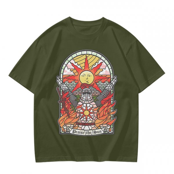 Olive T-Shirt With Stained Glass Style Praise The Sun Knight Print