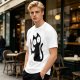 Olive T-shirt with a black cartoon cat holding a bloodied knife