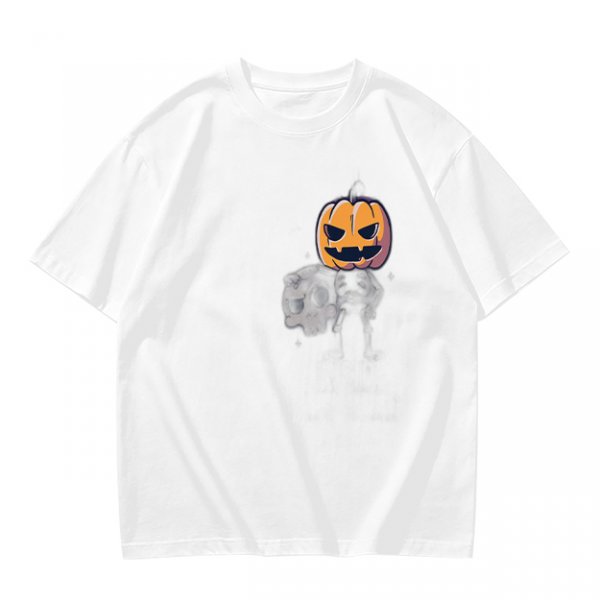 Olive Green T-Shirt with Halloween Jack-o'-Lantern and Skull Print