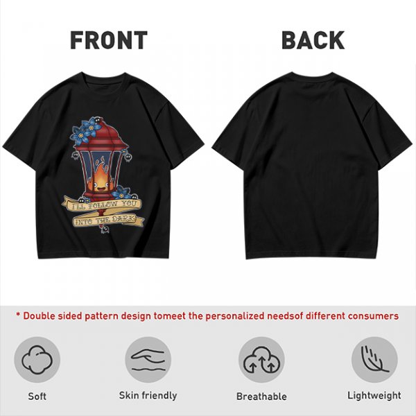 Olive t-shirt with lantern flame graphic and 'I'll follow you into the dark' text