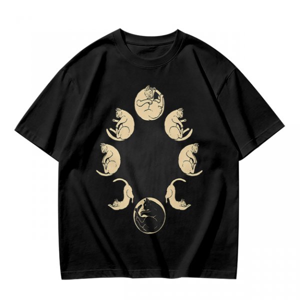 Olive T-Shirt With Cat Phases Moon Cycle Graphic Print