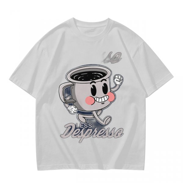 Olive green t-shirt with running espresso cup graphic and 'Less Despresso' text
