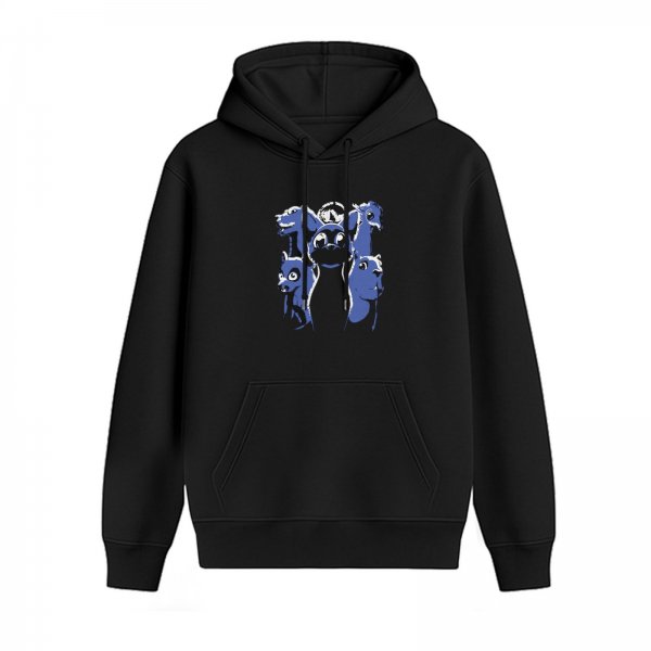 Black Hoodie With Blue Cartoon Creature Graphic Print